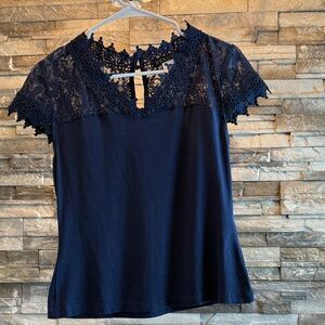 VENUS Navy Lace Accent Blouse